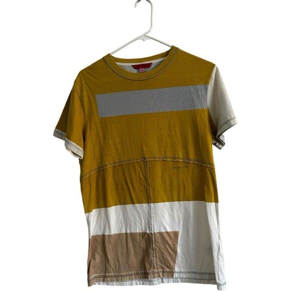 Eckhaus Latta Lapped Seam Cotton Paneled T-Shirt Gold Color block Men's Size XS - Picture 1 of 9